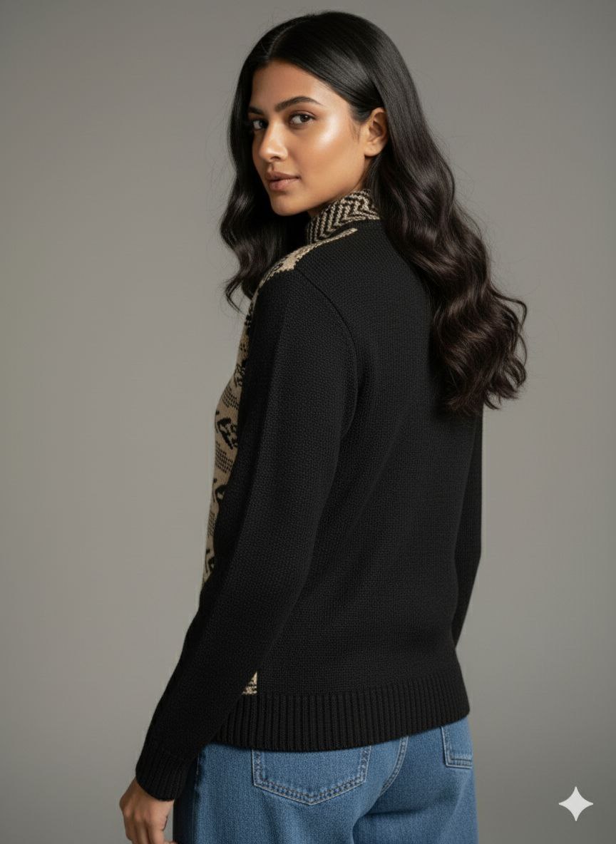 Women Woven Collared Neck Black Sweater