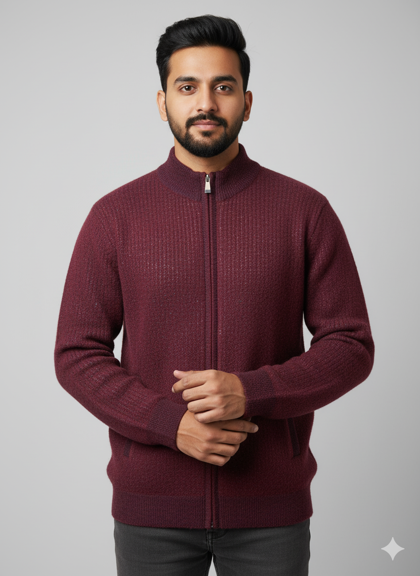 Premium Full-Zip Maroon Sweater For Men