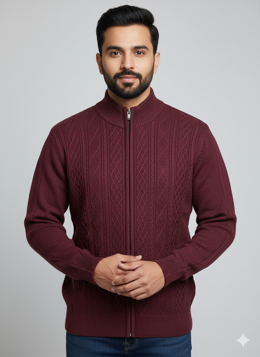 Premium Maroon Full-Zip Sweater For Men
