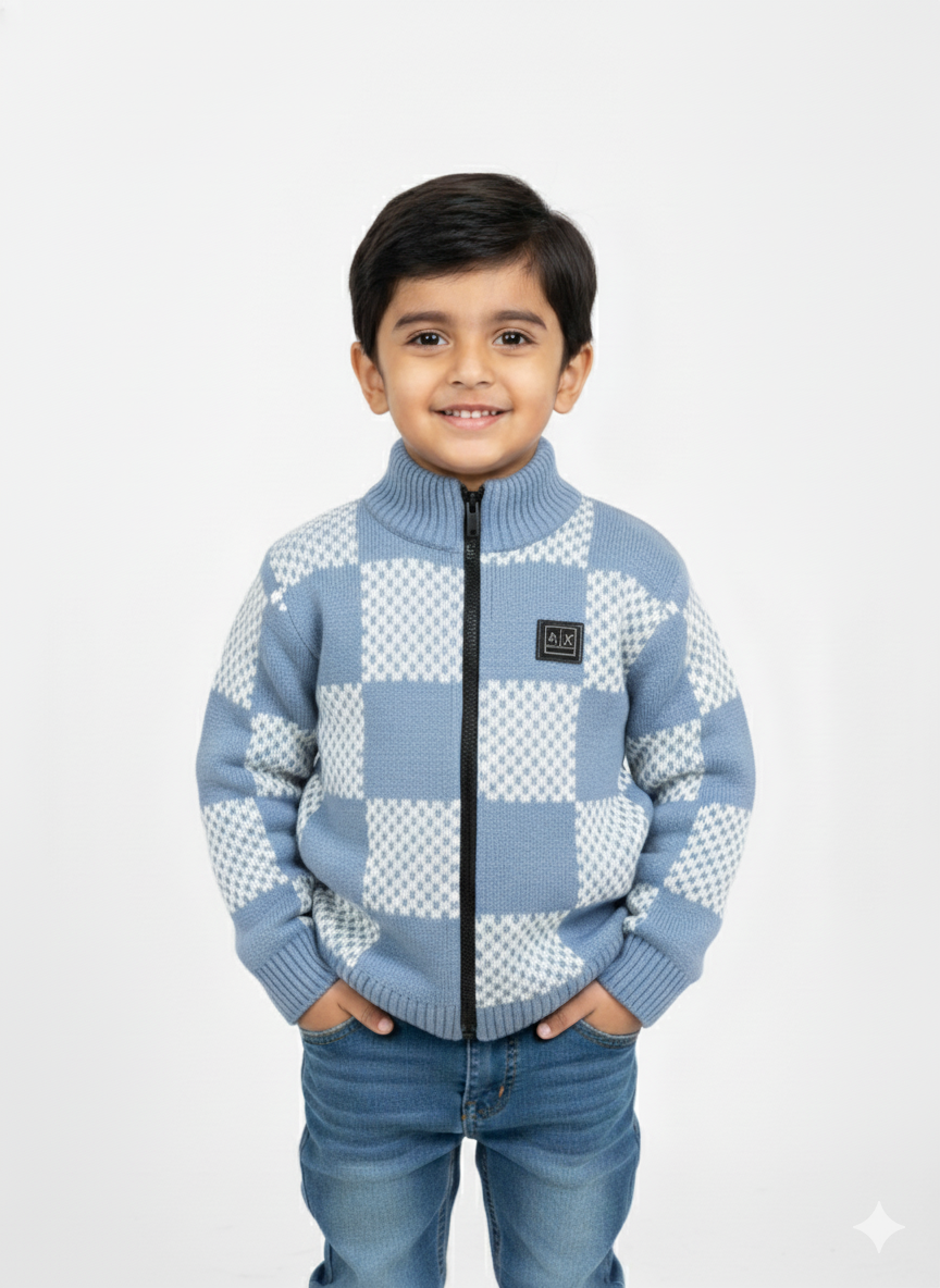 Checkered Zip-up Sweater For Boy