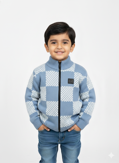 Checkered Zip-up Sweater For Boy