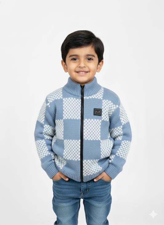 Checkered Zip-up Sweater For Boy