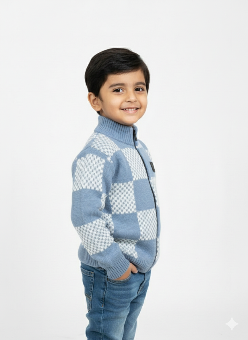 Checkered Zip-up Sweater For Boy
