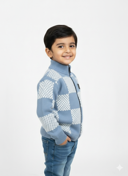 Checkered Zip-up Sweater For Boy