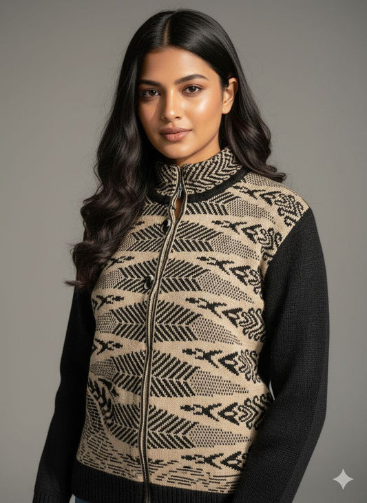 Women Woven Collared Neck Black Sweater