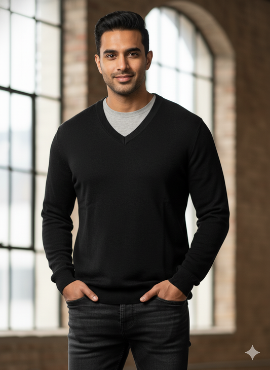 Men’s Black V-Neck Knit Sweater