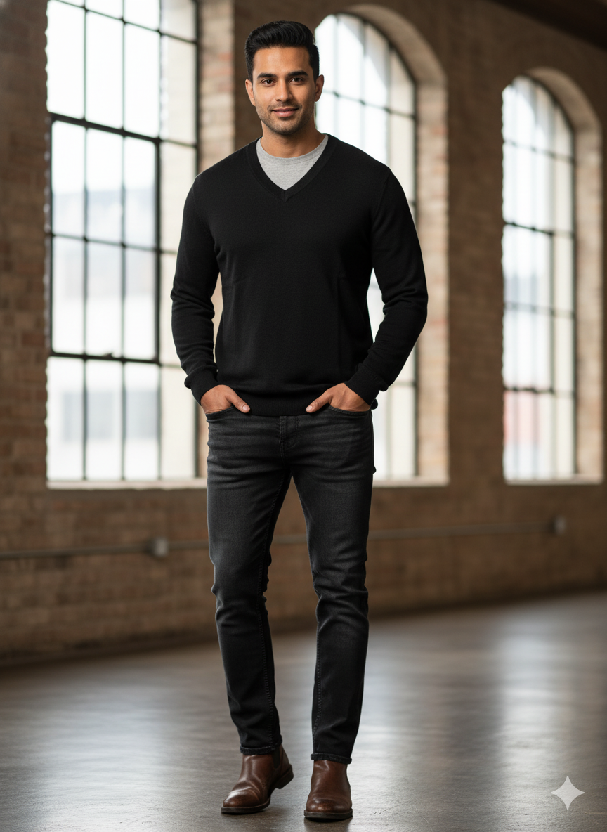 Men’s Black V-Neck Knit Sweater