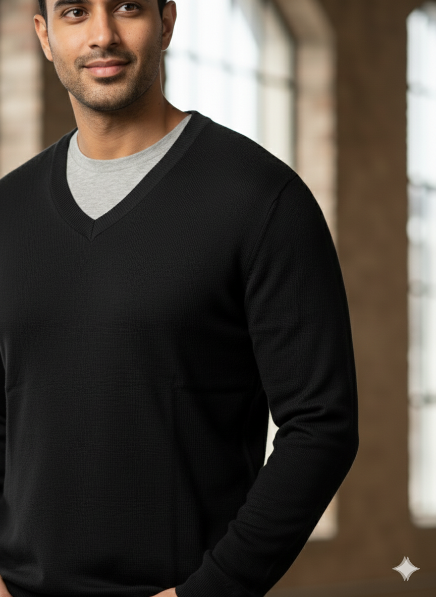 Men’s Black V-Neck Knit Sweater