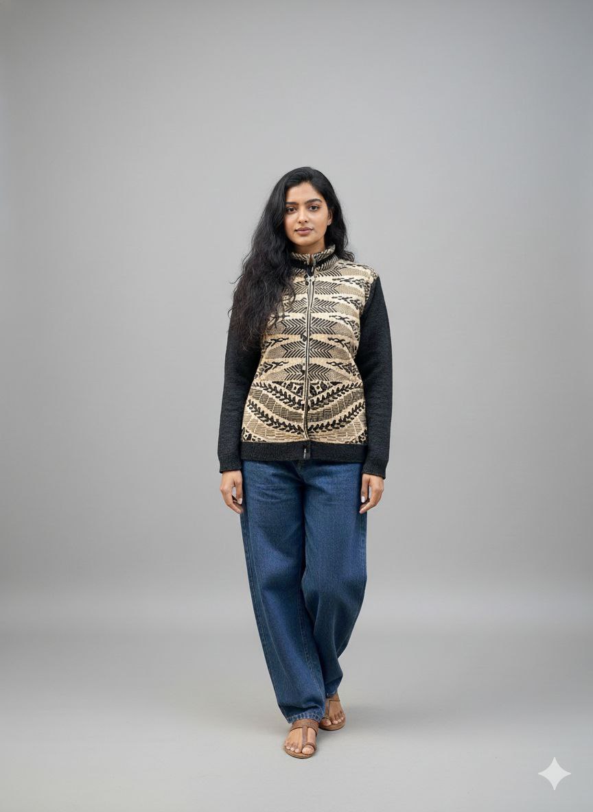 Women Woven Collared Neck Black Sweater