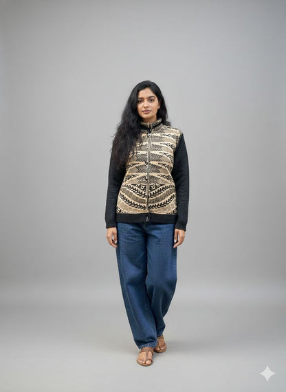 Women Woven Collared Neck Black Sweater