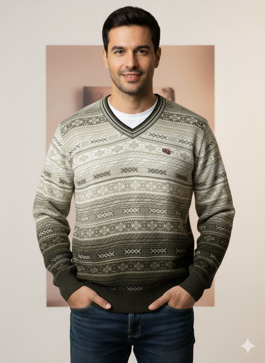 Men’s V-Neck Nordic Pattern Sweater
