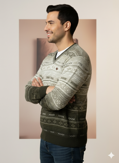 Men’s V-Neck Nordic Pattern Sweater
