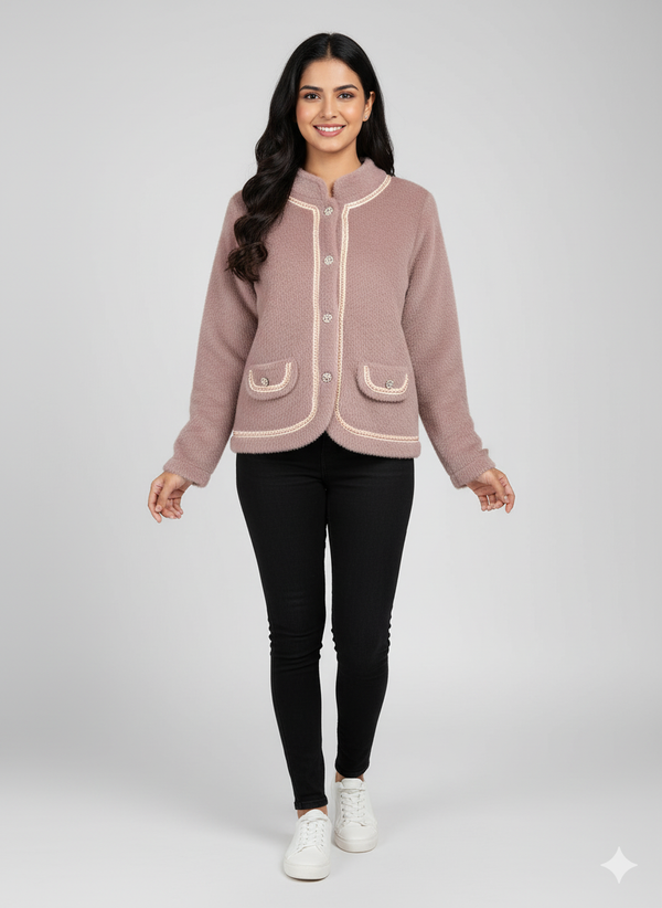 Contrast Trim Pocketed Knit Jacket