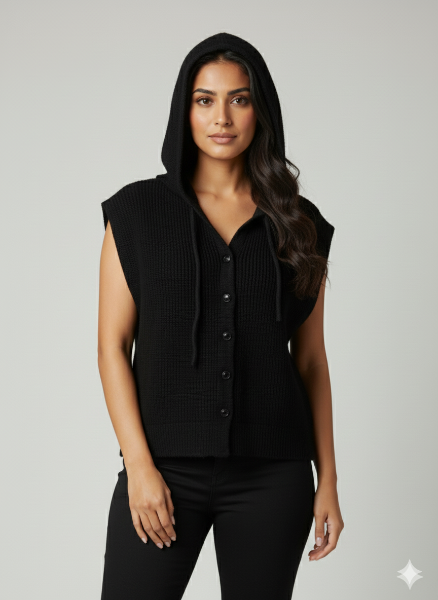 The Black Hooded Knit Vest